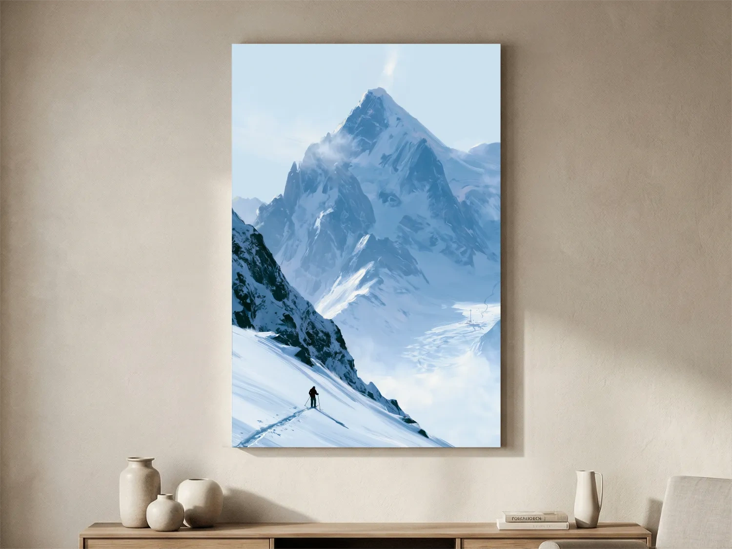 Backcountry Skier Alpine Peak Landscape - Minimalist Winter Mountain Wall Art