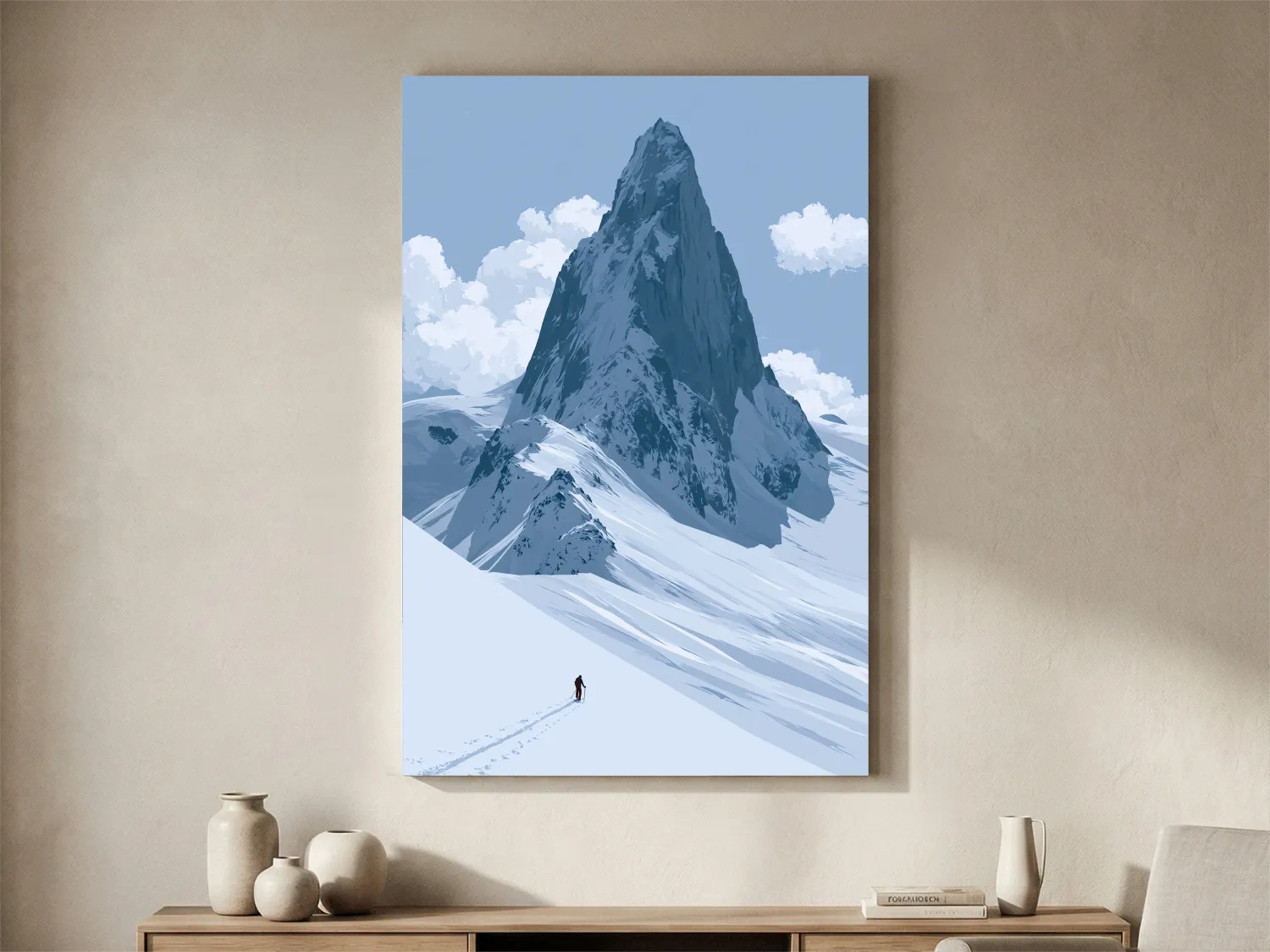 Backcountry Alpine Skier Illustration - Minimalist Mountain Landscape Wall Art