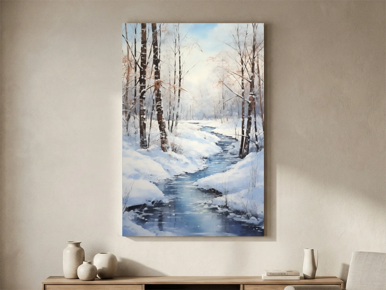 Serene Winter River Forest Painting - Snowy Woodland Wall Art