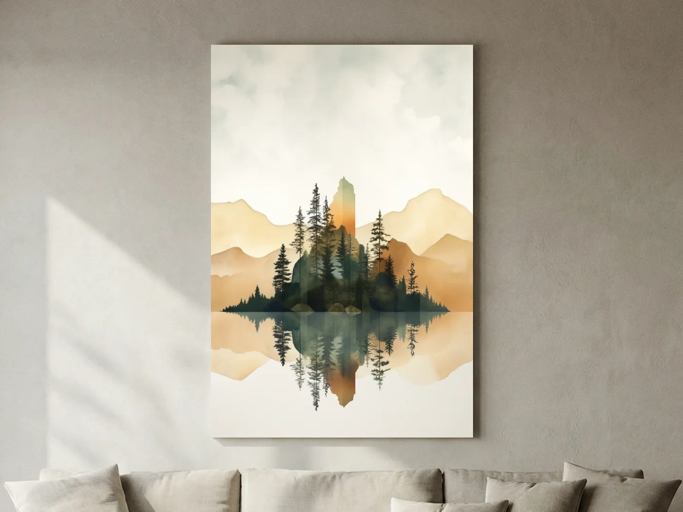 Alpine Mountain Lake Reflection Watercolor - Serene Pine Forest Wall Art