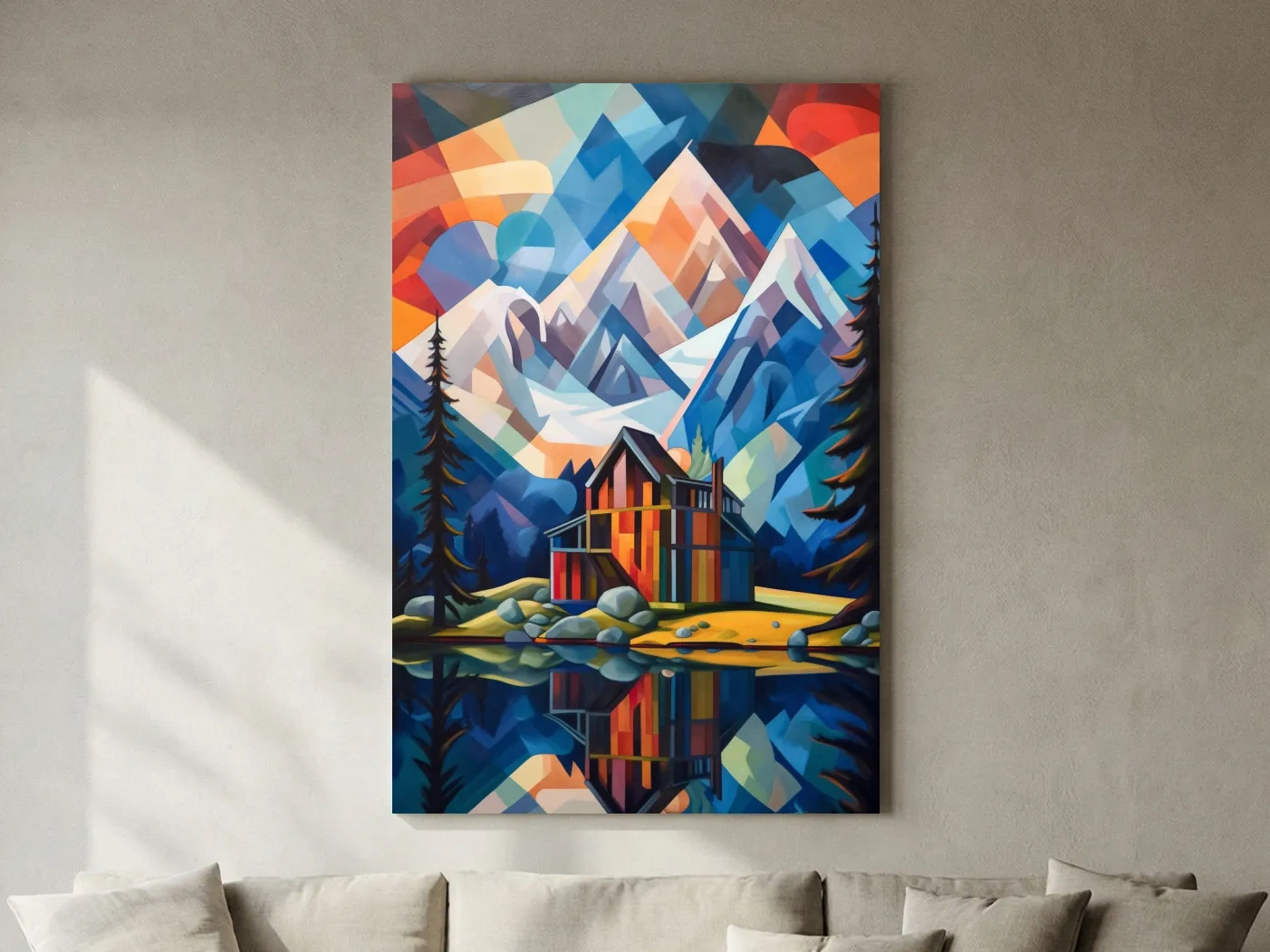 Vibrant Geometric Mountain Lake Cabin Painting - Abstract Alpine Wall Art