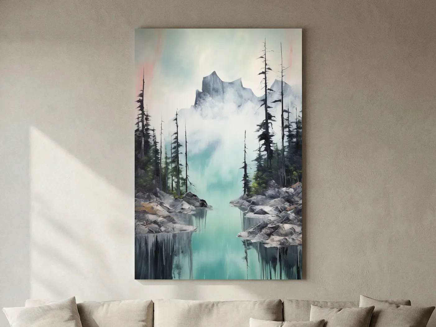 Painting of a turquoise alpine lake and mountain in the fog