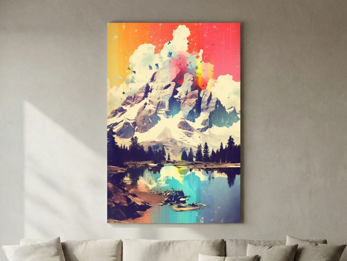 Vibrant Abstract Mountain Lake Painting - Colorful Alpine Landscape Wall Art