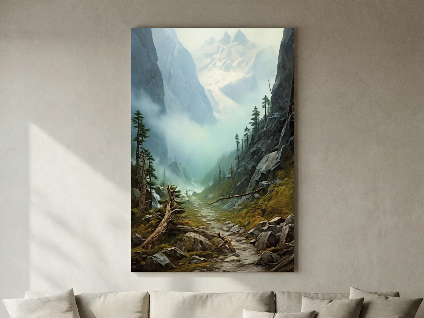 Misty Alpine Mountain Valley Painting - Foggy Pine Forest Wall Art