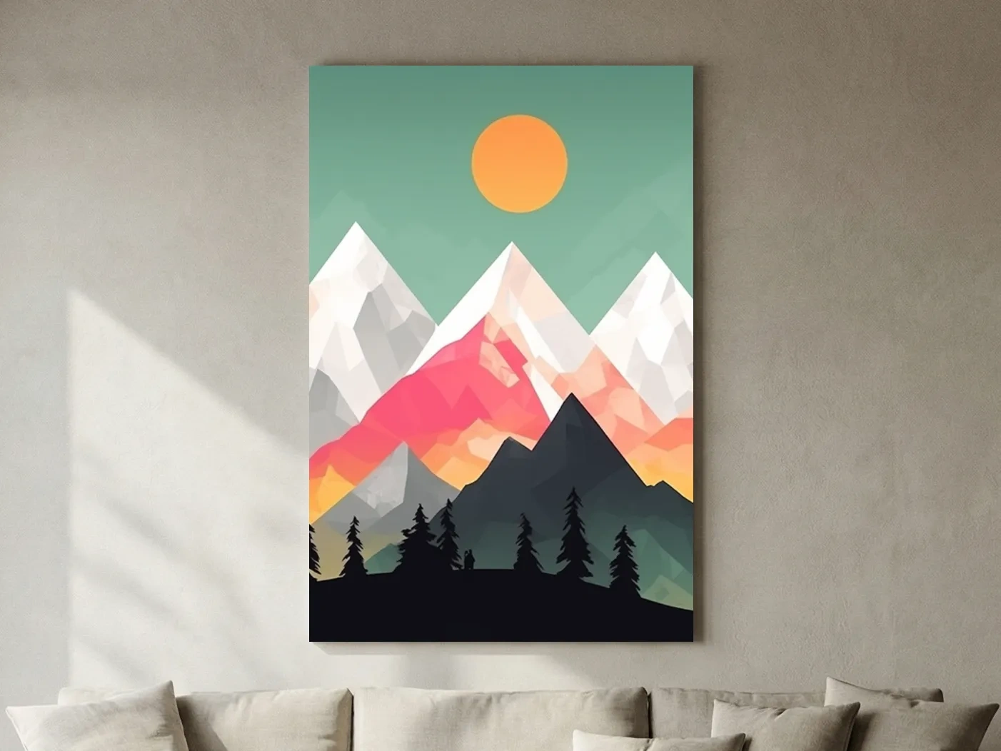 Geometric Sunset Mountain Peaks With Pine Silhouettes - Modern Colourful 2D Wall Art