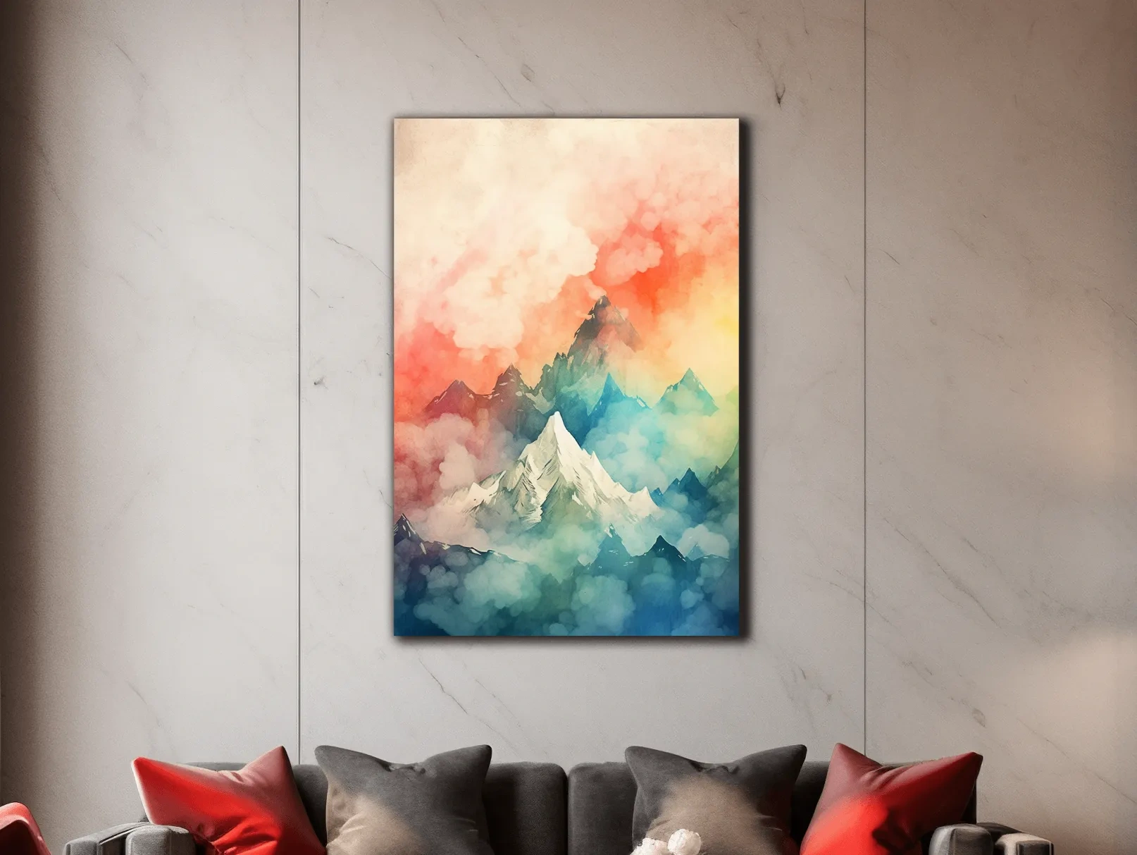 Colourful watercolour painting of a mountain landscape