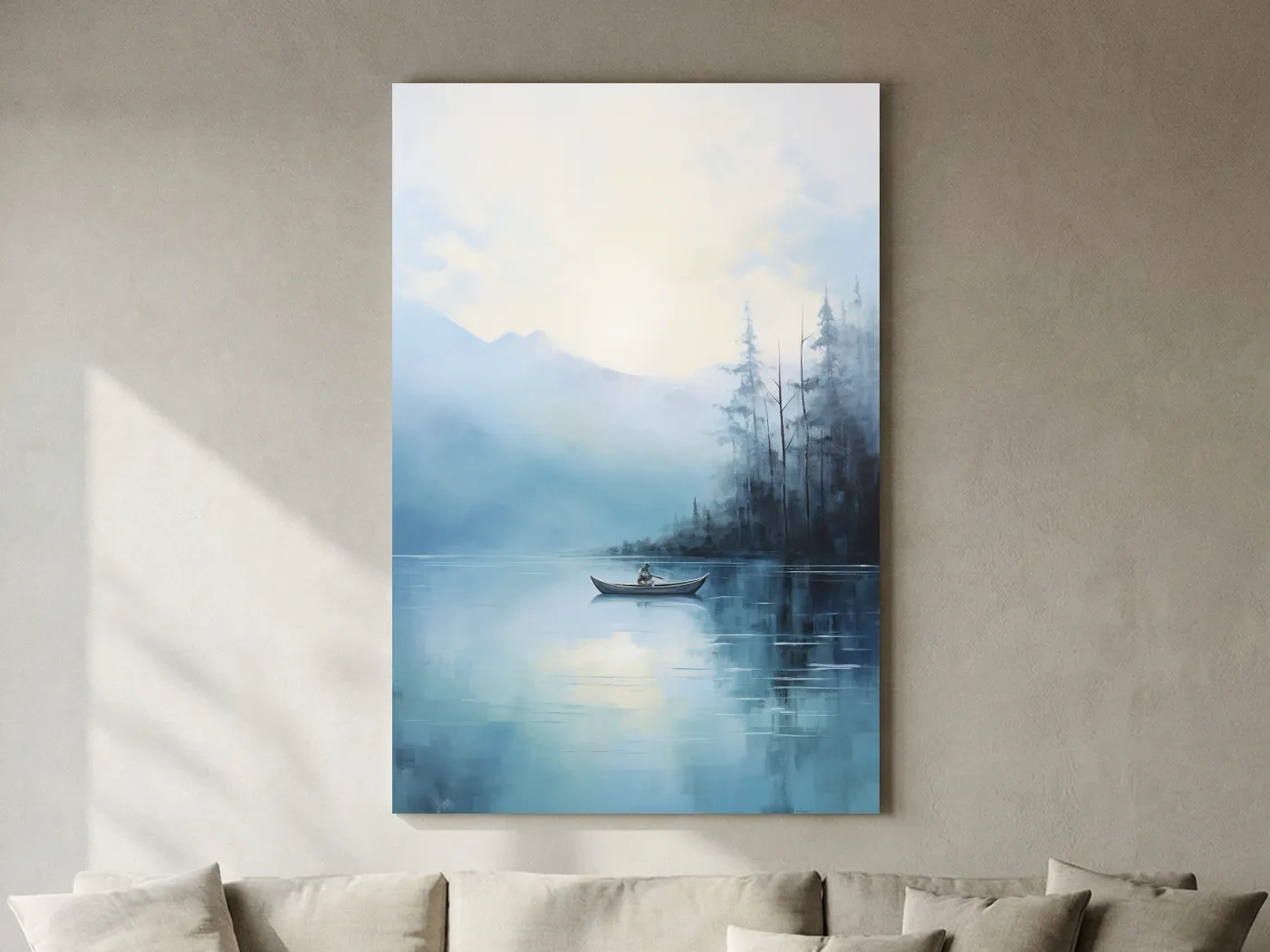 Misty Turquoise Mountain Lake Canoe Painting - Serene Forest Landscape Wall Art