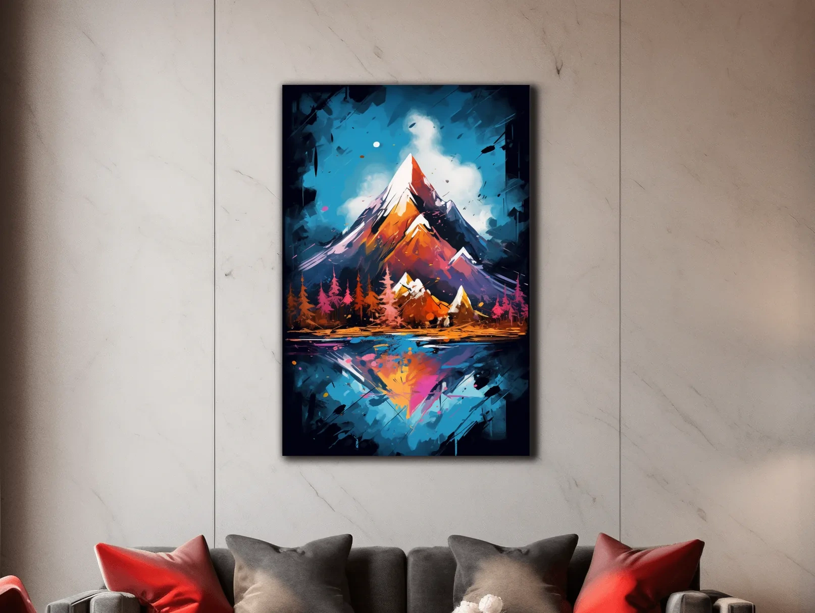 Vibrant Abstract Alpine Lake Painting - Colorful Mountain Forest Wall Art