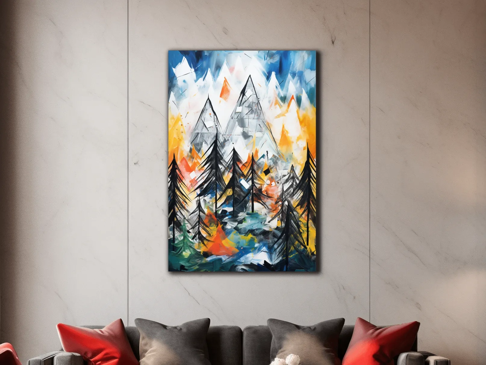 Abstract Alpine Mountain Peaks Painting - Colorful Energetic Pine Forest Landscape Wall Art
