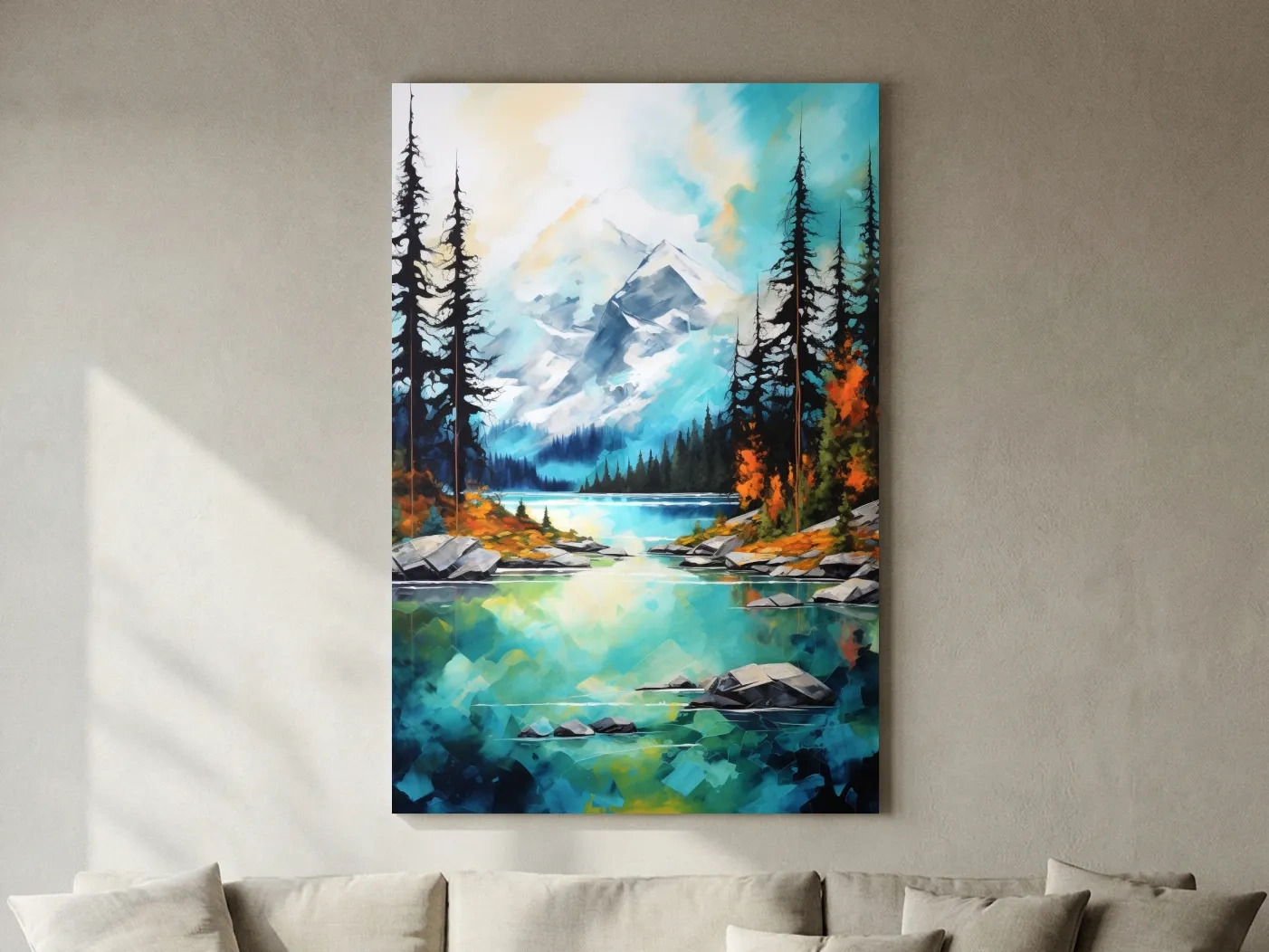 Turquoise Alpine Lake Mountain Painting - Colorful Watercolor Forest Wall Art