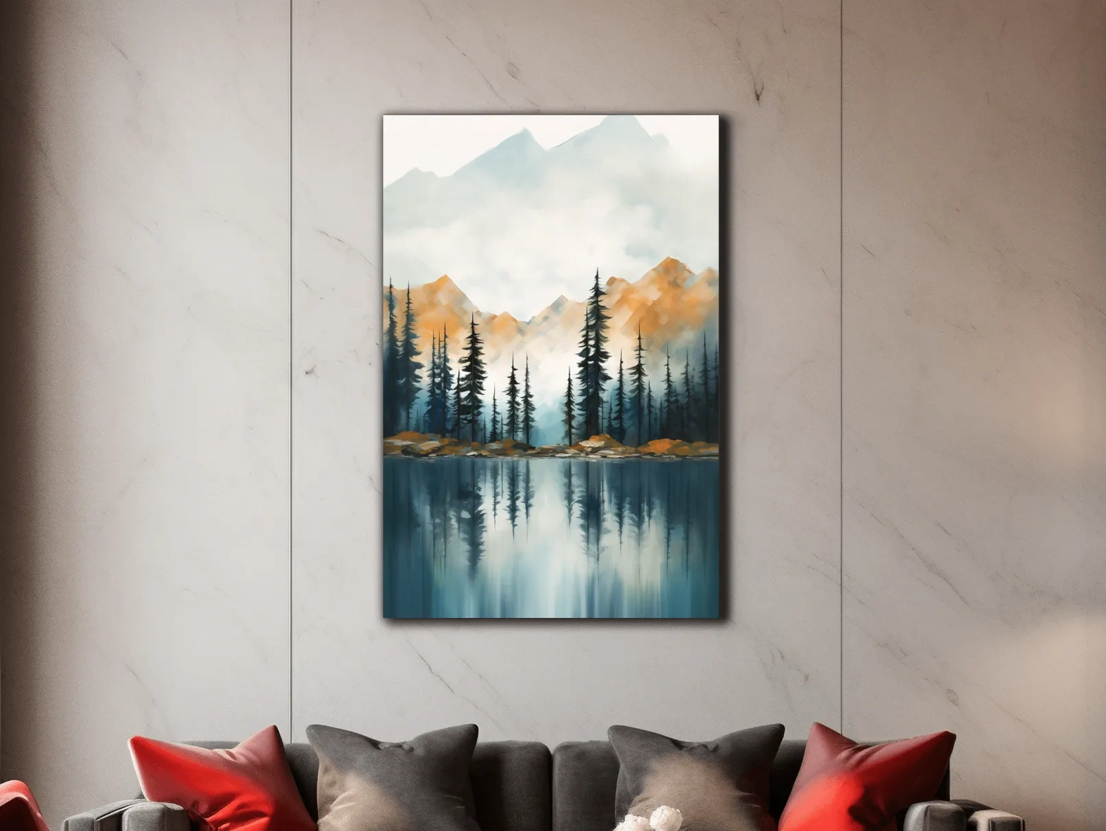 Misty Watercolor Mountain Lake Reflection - Serene Pine Forest Landscape Wall Art