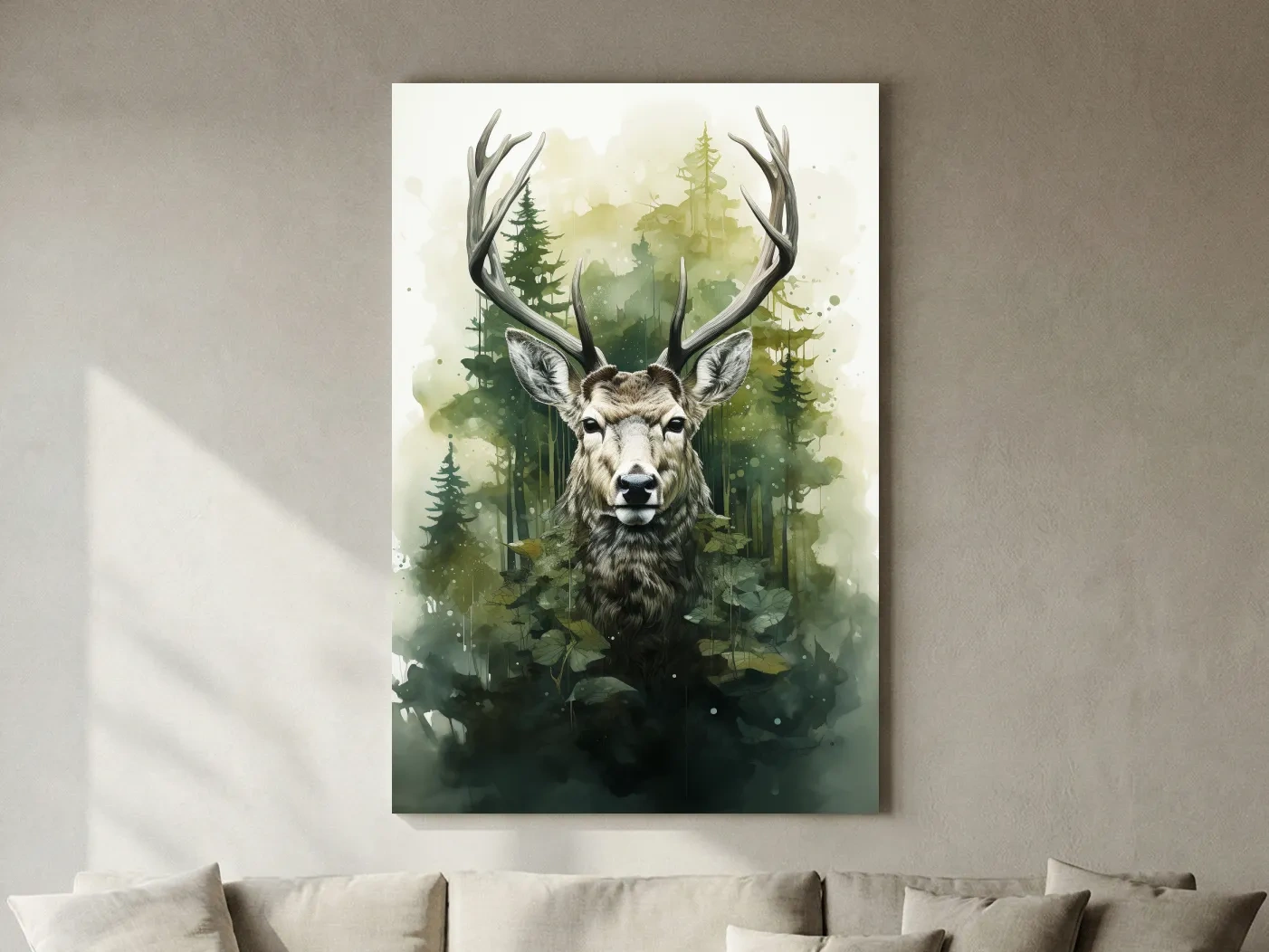 Watercolor Deer Portrait In Misty Pine Forest - Woodland Wildlife Wall Art