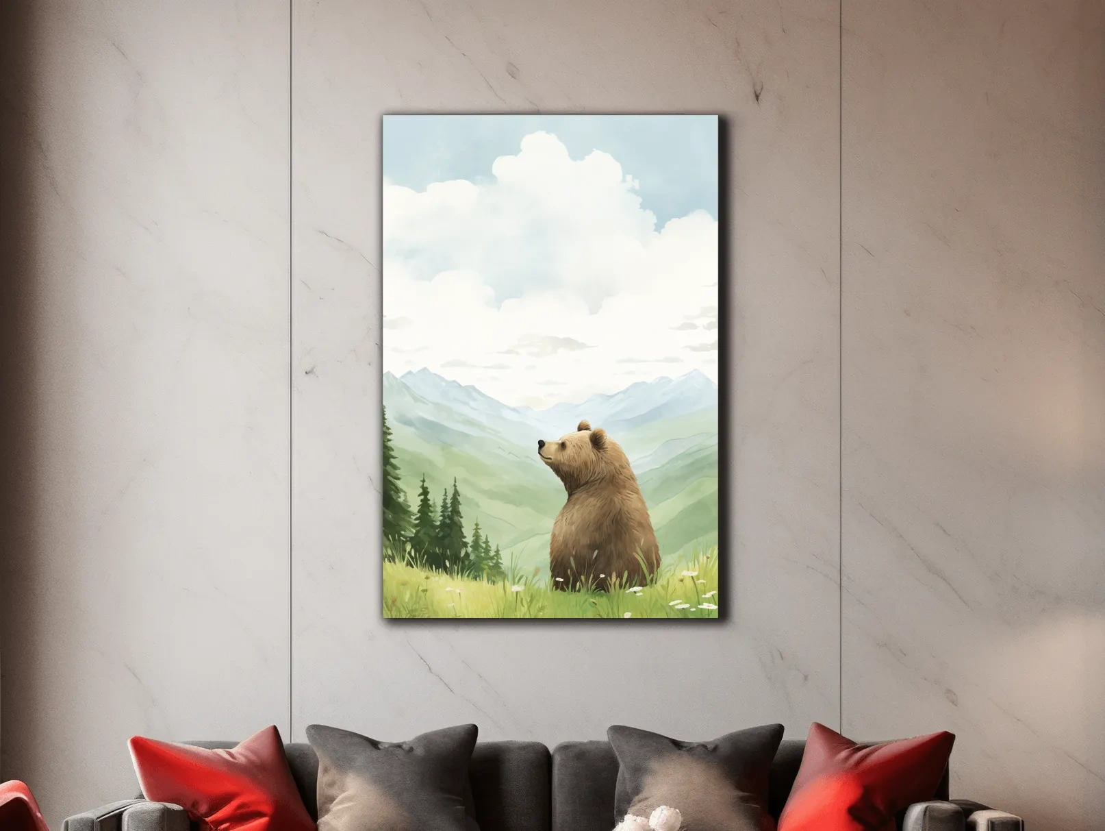 Whimsical Watercolor Bear In Mountain Meadow - Serene Nursery Wildlife Art