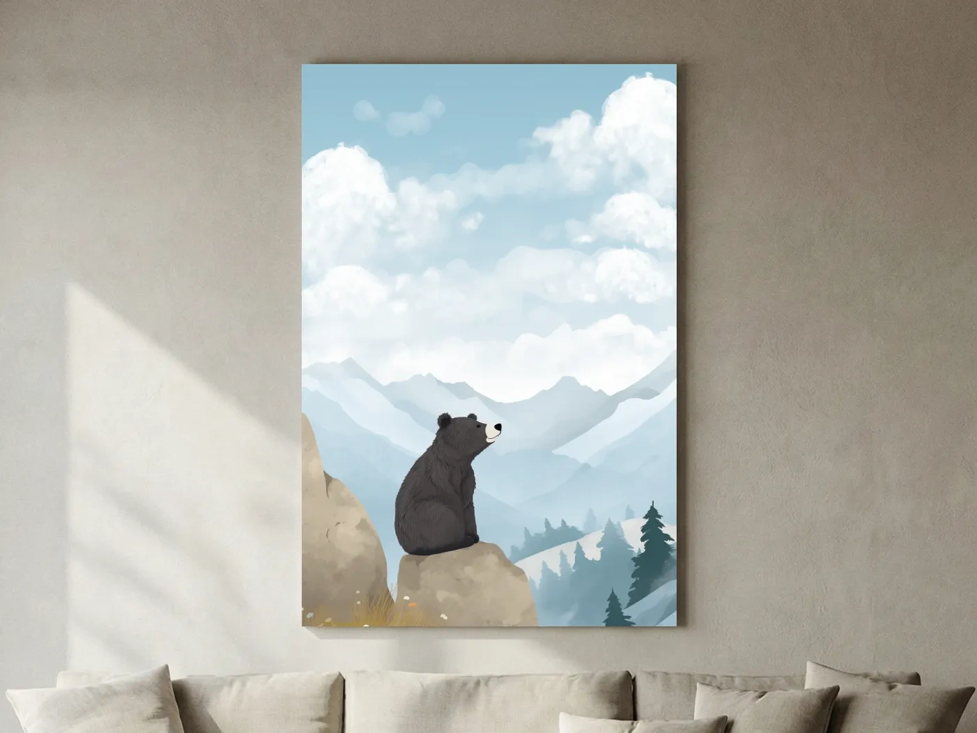 Illustration of a happy bear sitting on a rock