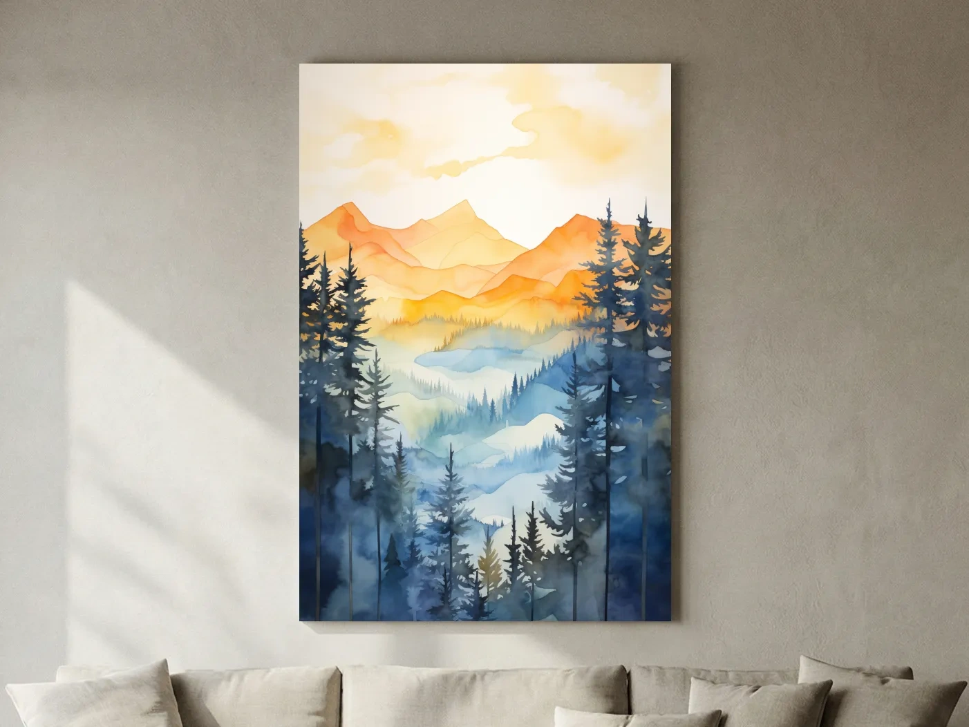 Golden Watercolor Mountain Sunrise Painting - Misty Alpine Forest Artwork