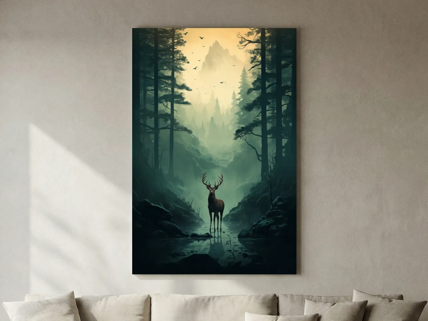 Moody Misty Forest Deer Stag Landscape - Atmospheric Wildlife Mountain Wall Art