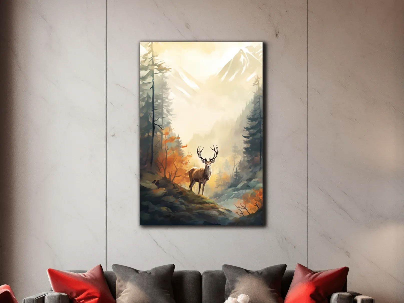 Majestic Stag In Misty Mountain Forest - Autumn Watercolor Wildlife Wall Art