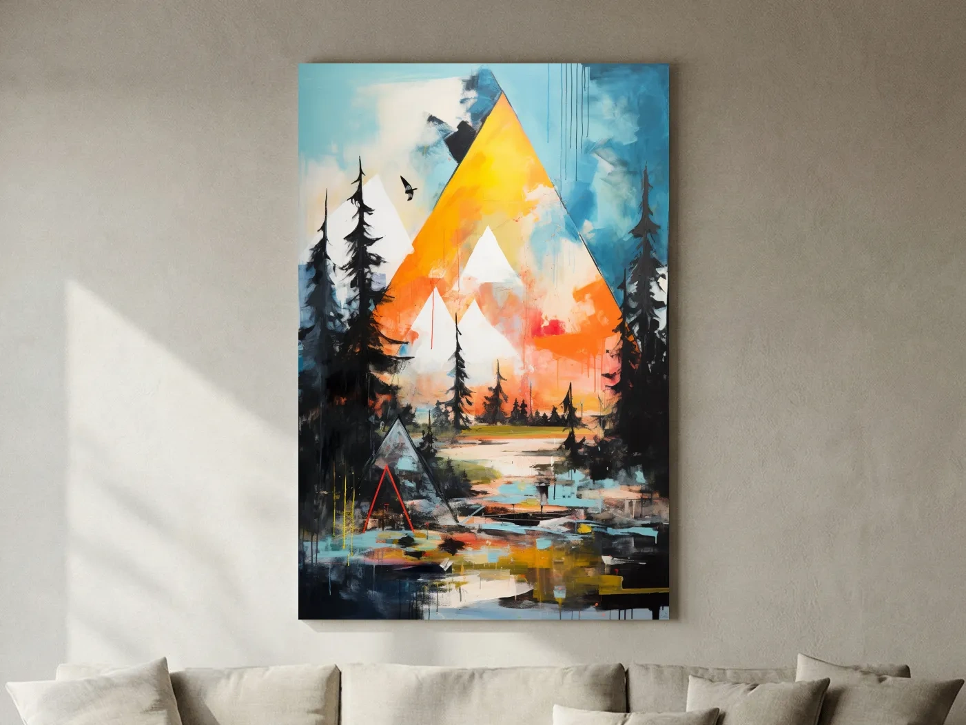 Vibrant Abstract Mountain Painting - Modern Geometric Alpine Forest Wall Art
