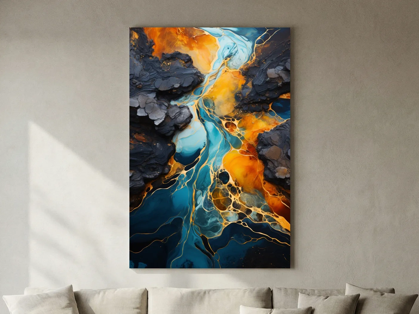 Elegant Gold And Teal Abstract Flowinf River - Alcohol Ink Style Wall Art