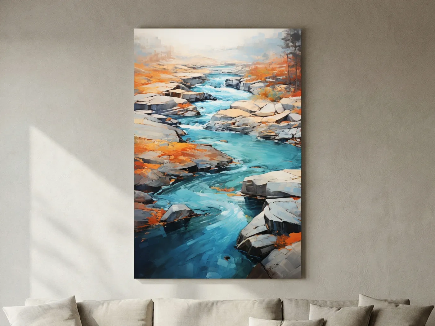 Vibrant Turquoise River Through Rocky Canyon - Modern Impressionist Landscape Wall Art
