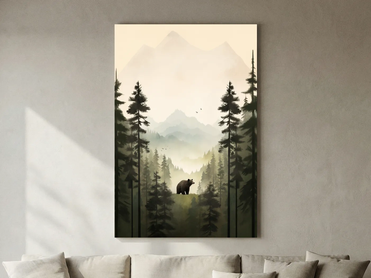 Misty Pine Forest Bear Illustration - Minimalist Wildlife Wall Art