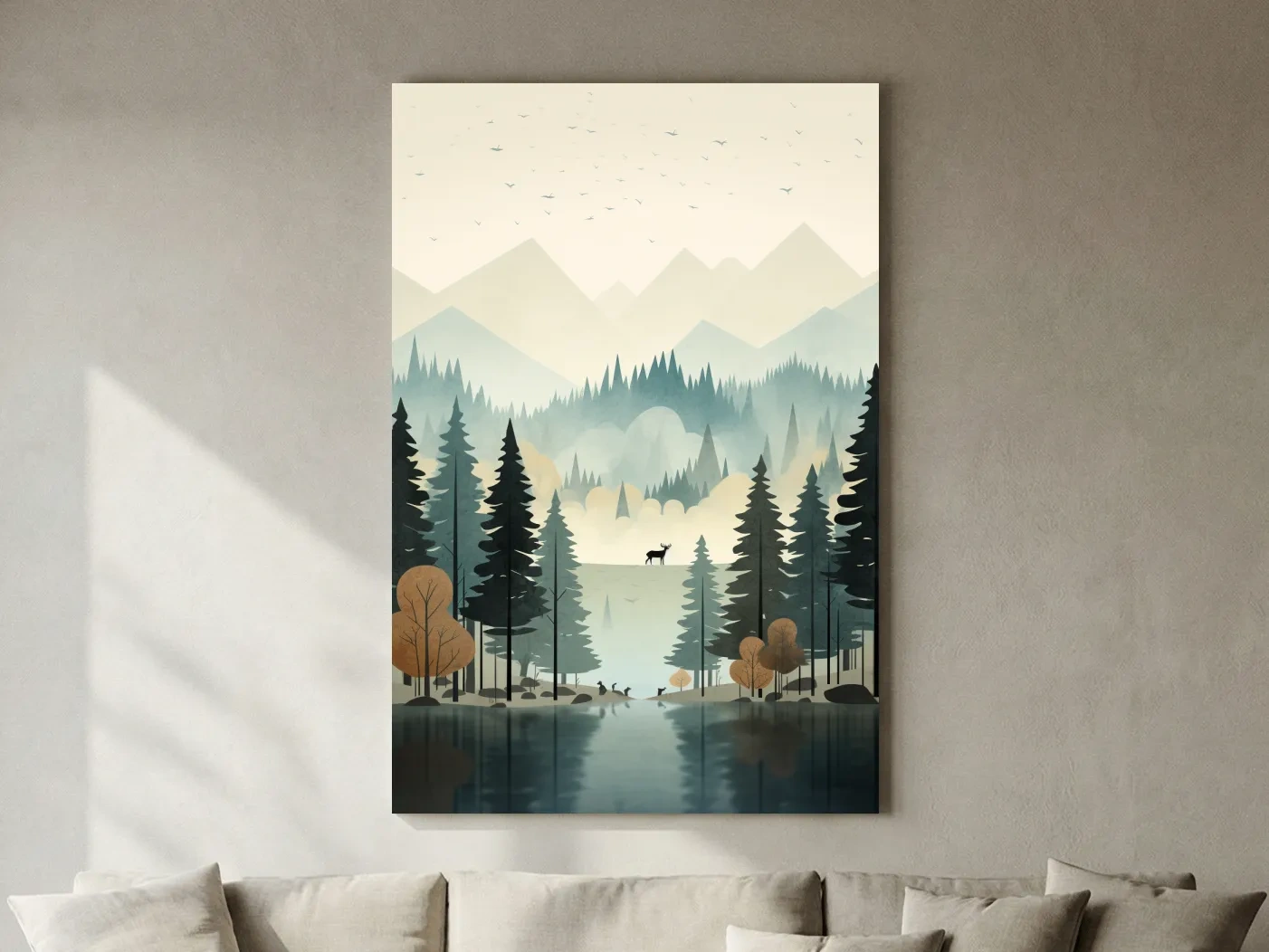 Alpine Lake Forest With Deer - Scandinavian Minimalist Wall Art