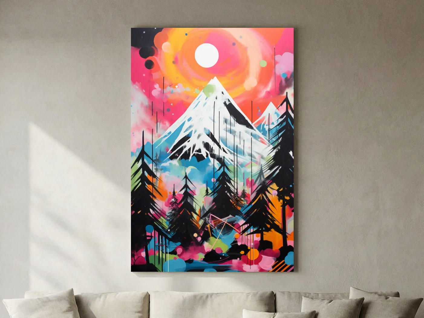Vibrant Abstract Neon Mountain Glacier Sunset Painting - Colorful Alpine Wall Art