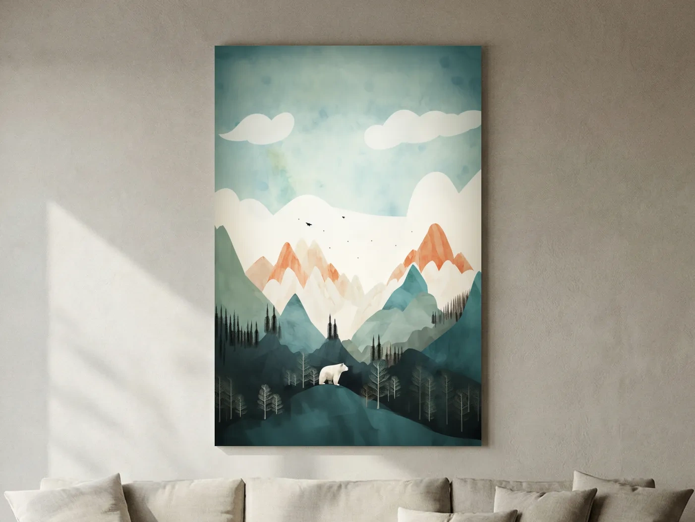 Whimsical Bear Alpine Mountain Landscape - Childrens Nursery Wall Art