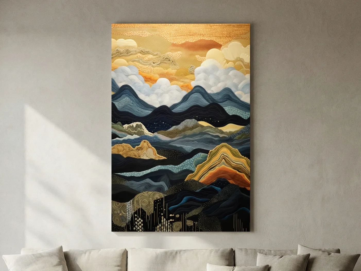 Layered Tapestry Mountain Range Sunrise - Abstract Mixed Media Landscape Wall Art