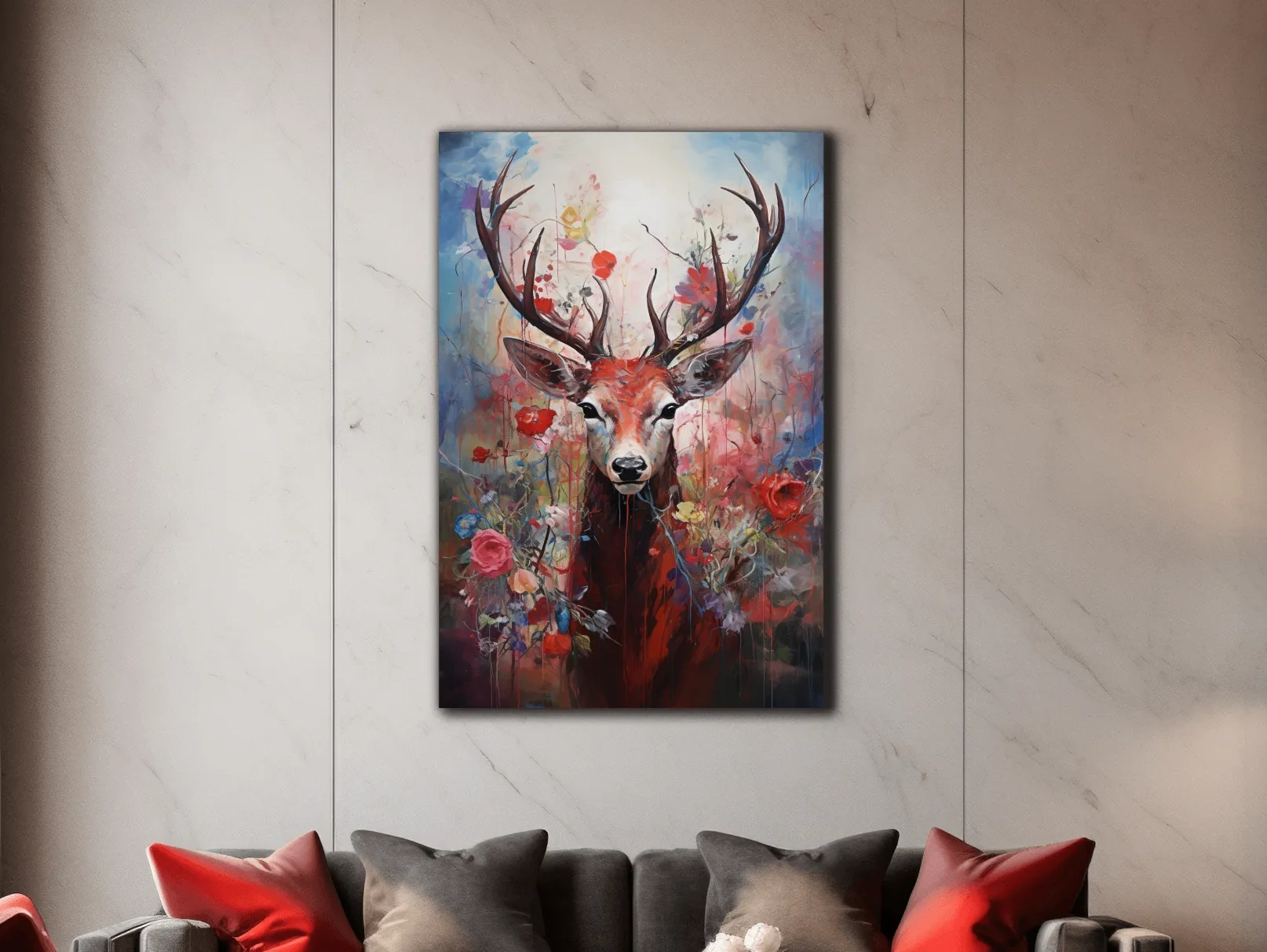 Floral painting of a deer, vibrant wall art