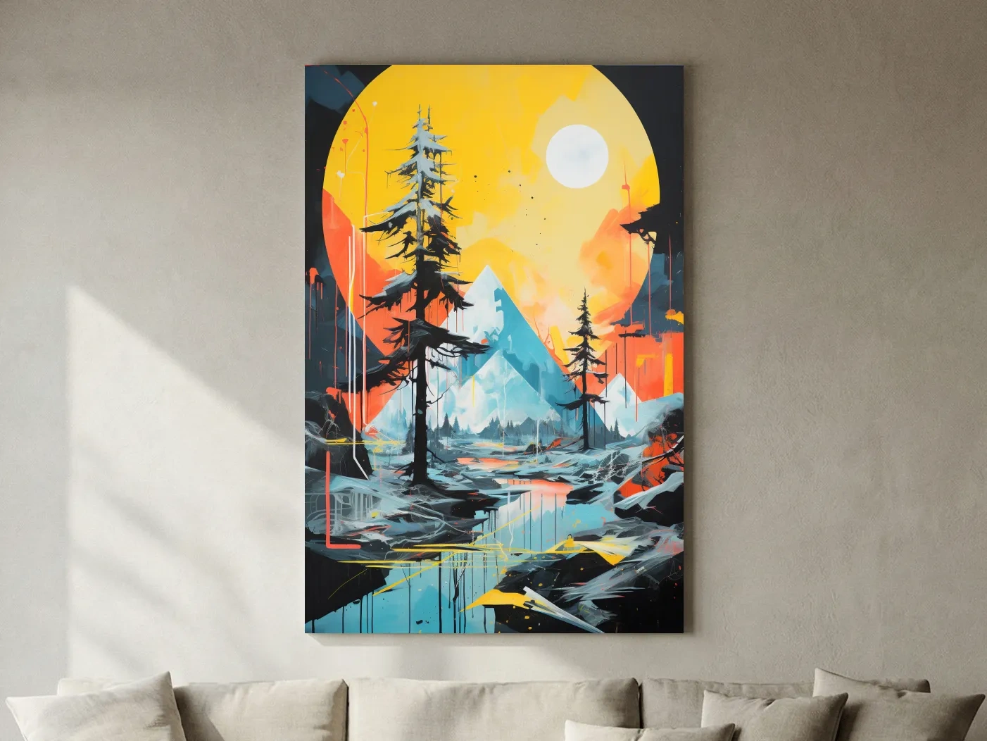 Vibrant Abstract Mountain Lake Sunset Painting - Modern Geometric Pine Forest Wall Art