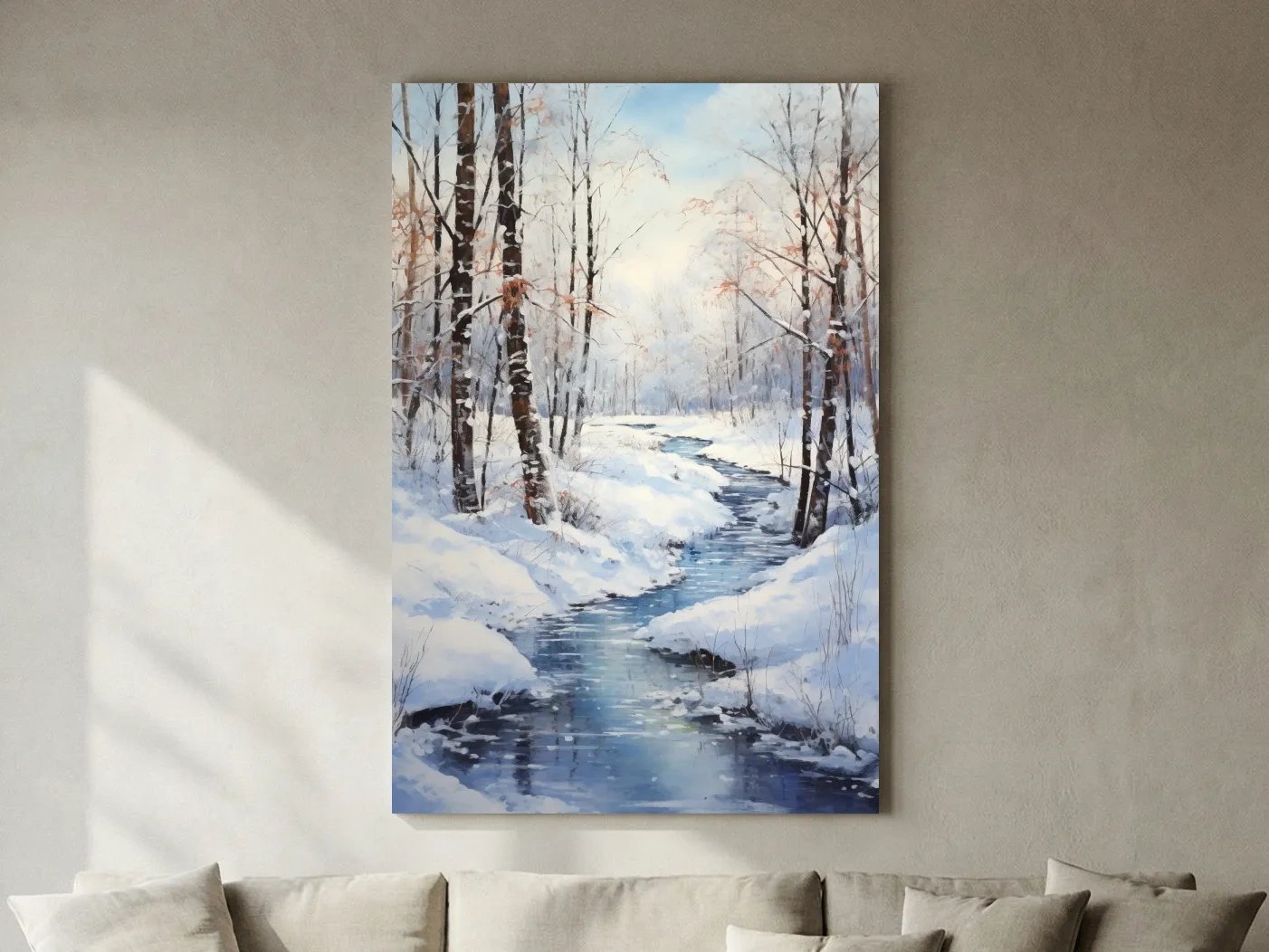 Serene Winter River Forest Painting - Snowy Woodland Wall Art