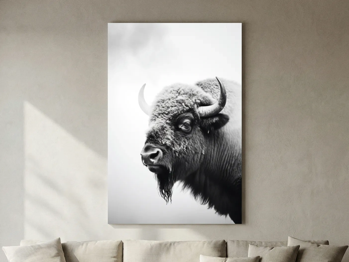 Moody Black And White Bison Portrait - Minimalist Photographic Wildlife Wall Art
