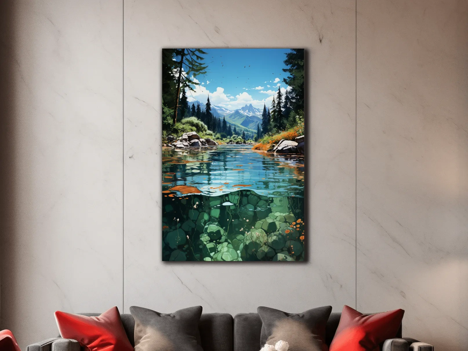 Illustration art of an alpine stream in summer