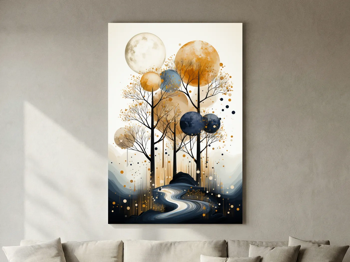 Surreal Golden Moonlit Forest River - Chic Boho Landscape Wall Art