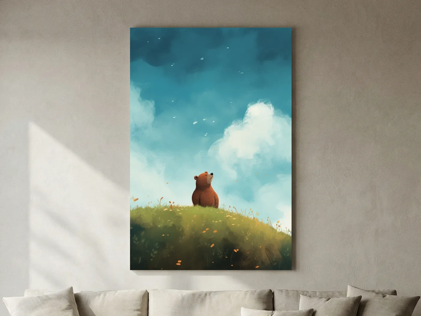 Whimsical Bear Cub Meadow Illustration - Cute Woodland Nursery Wall Art