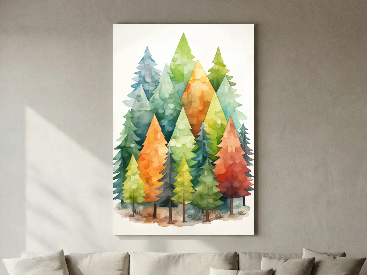 Whimsical Watercolor Pine Forest Illustration - Colorful Scandinavian Nature Wall Art