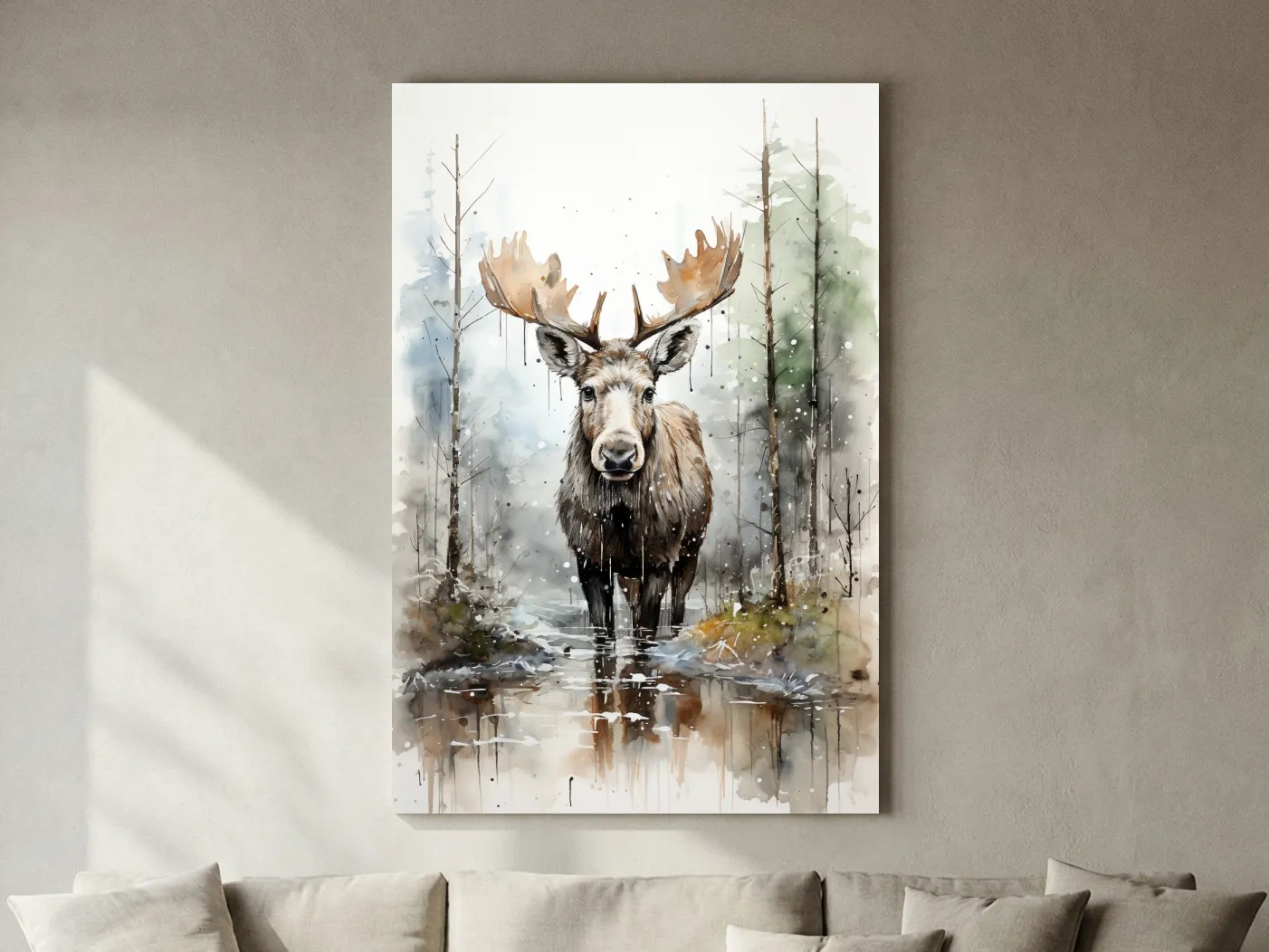 Watercolor Moose In Misty Forest - Rustic Woodland Wildlife Painting Wall Art