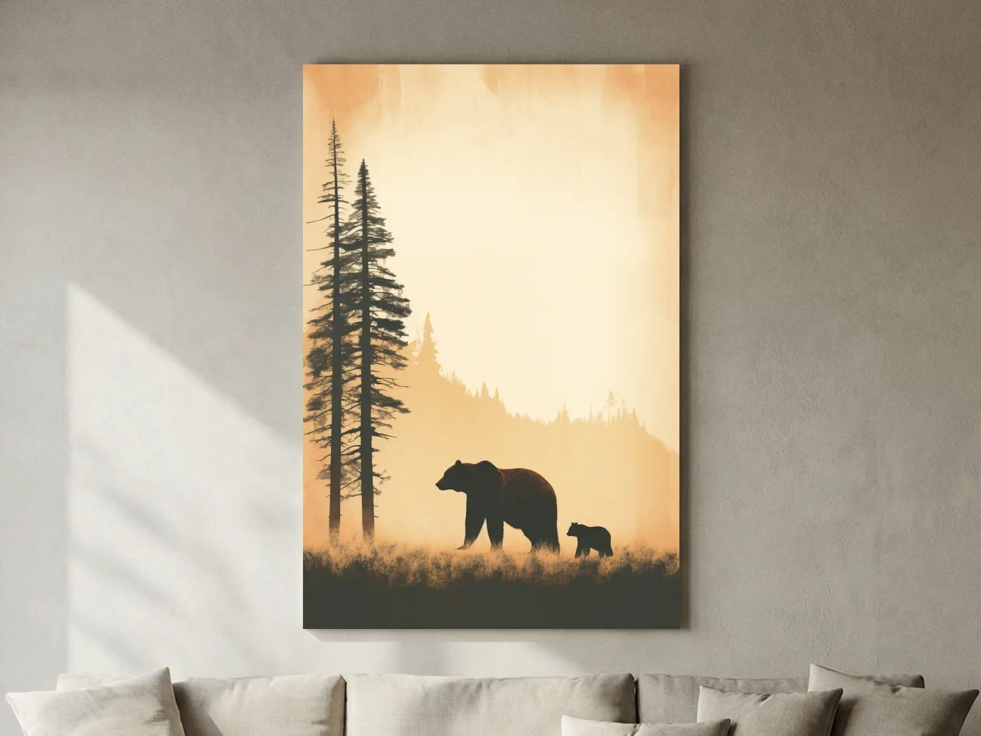 Grizzly Bear And Cub Silhouettes - Misty Forest Minimalist Wall Art