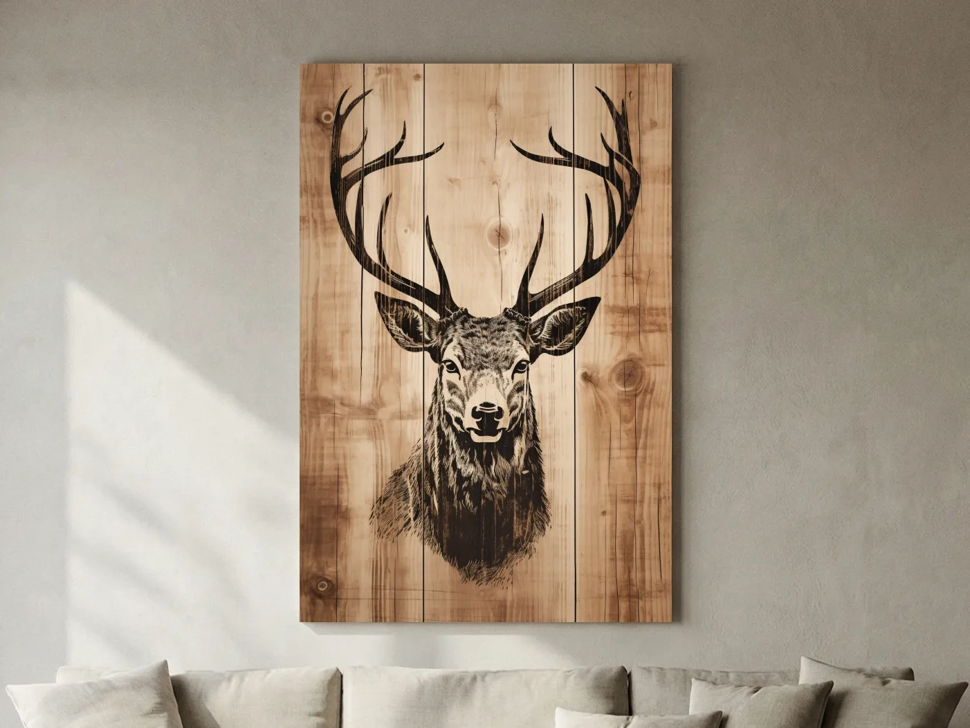 Rustic Deer Head Woodburn Style Portrait - Lodge Cabin Wildlife Wall Art