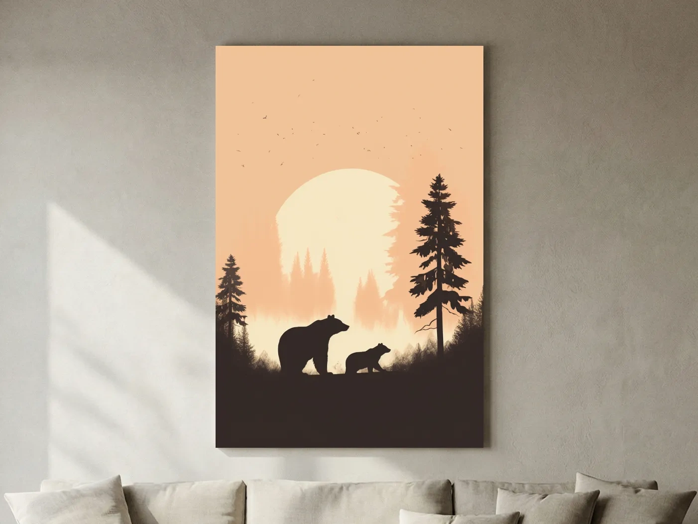 Momma Bear & Cub Silhouettes At Sunset - Minimalist Forest Wildlife Wall Art