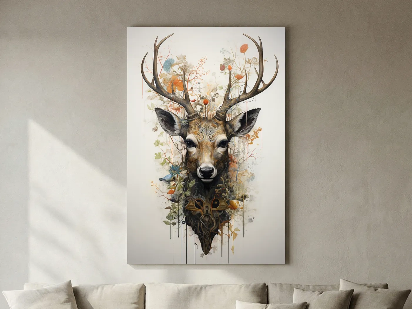 Ornate Floral Deer Head Illustration - Elegant Woodland Wildlife Wall Art