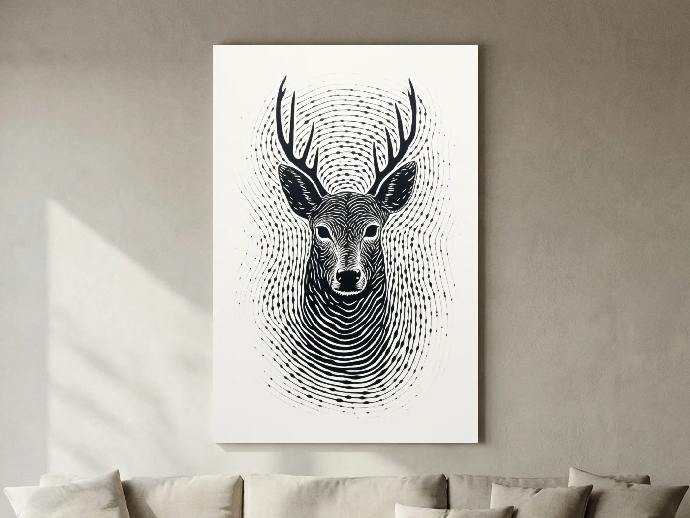Psychedelic Deer Head Fingerprint Line Art - Black And White Wildlife Wall Art