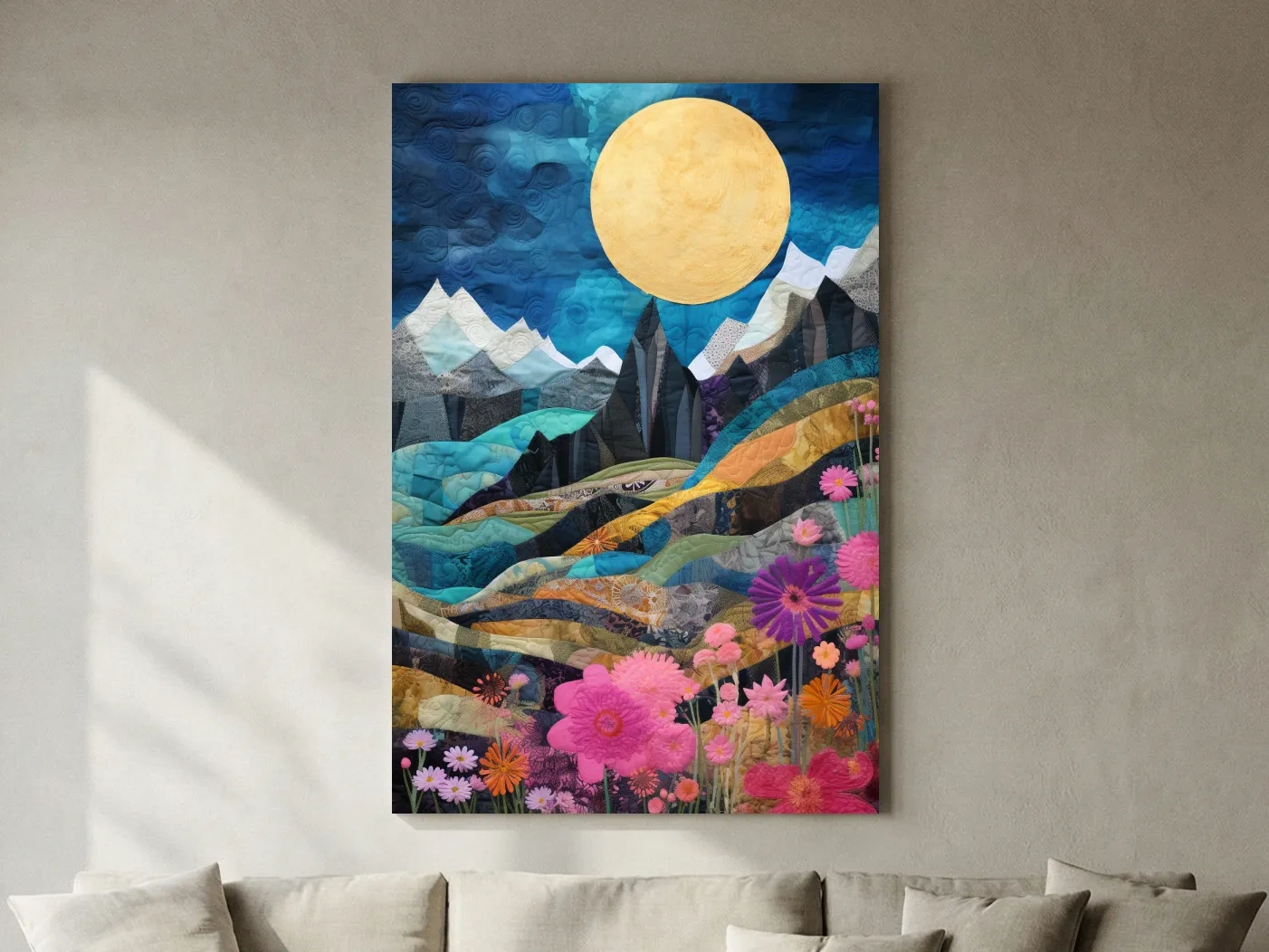 Quilted Wildflower Mountain Landscape - Colorful Patchwork Textile Style Wall Art