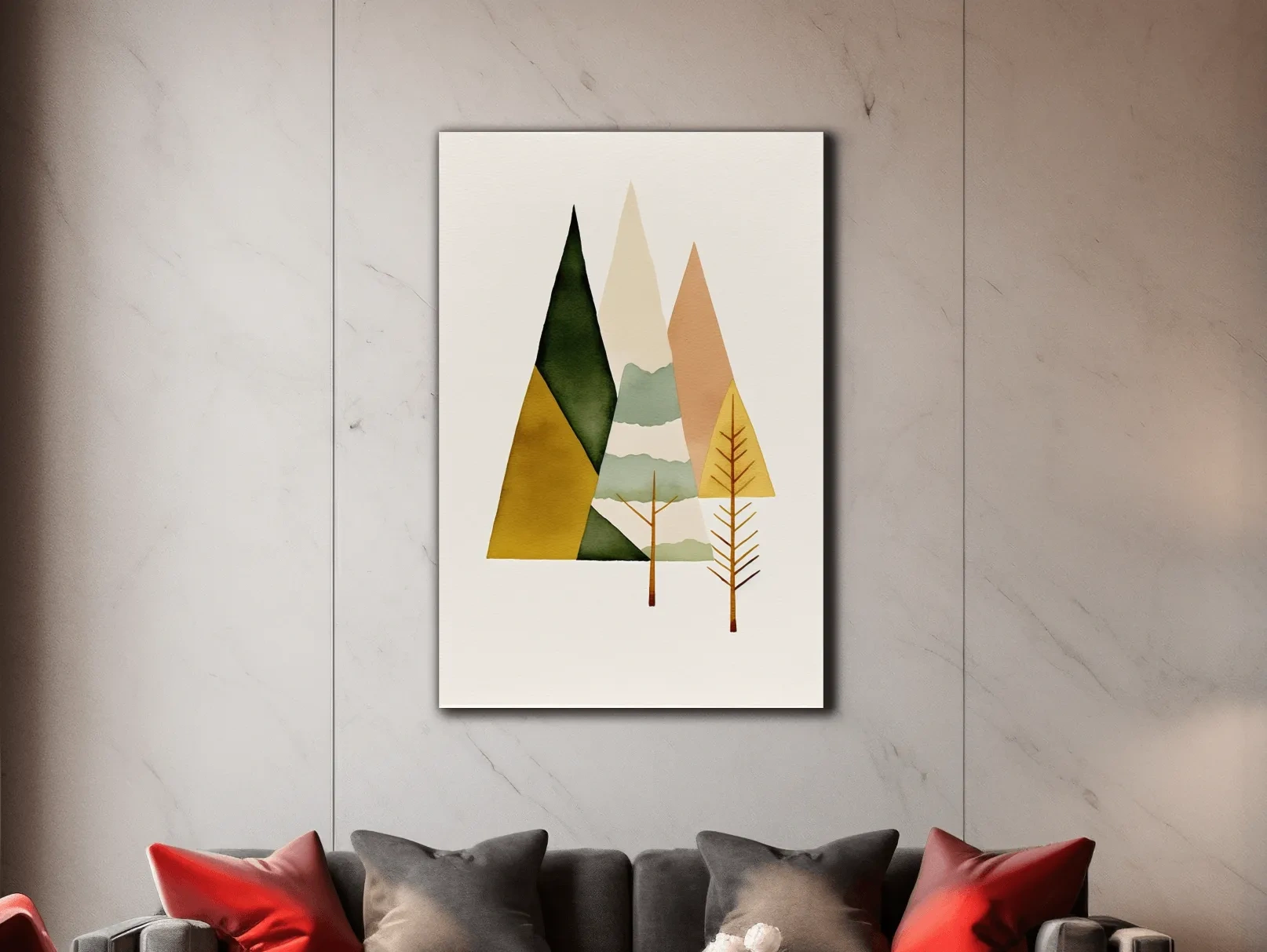 Minimalist Scandinavian Geometric Mountains - Modern Watercolor Forest Landscape Wall Art