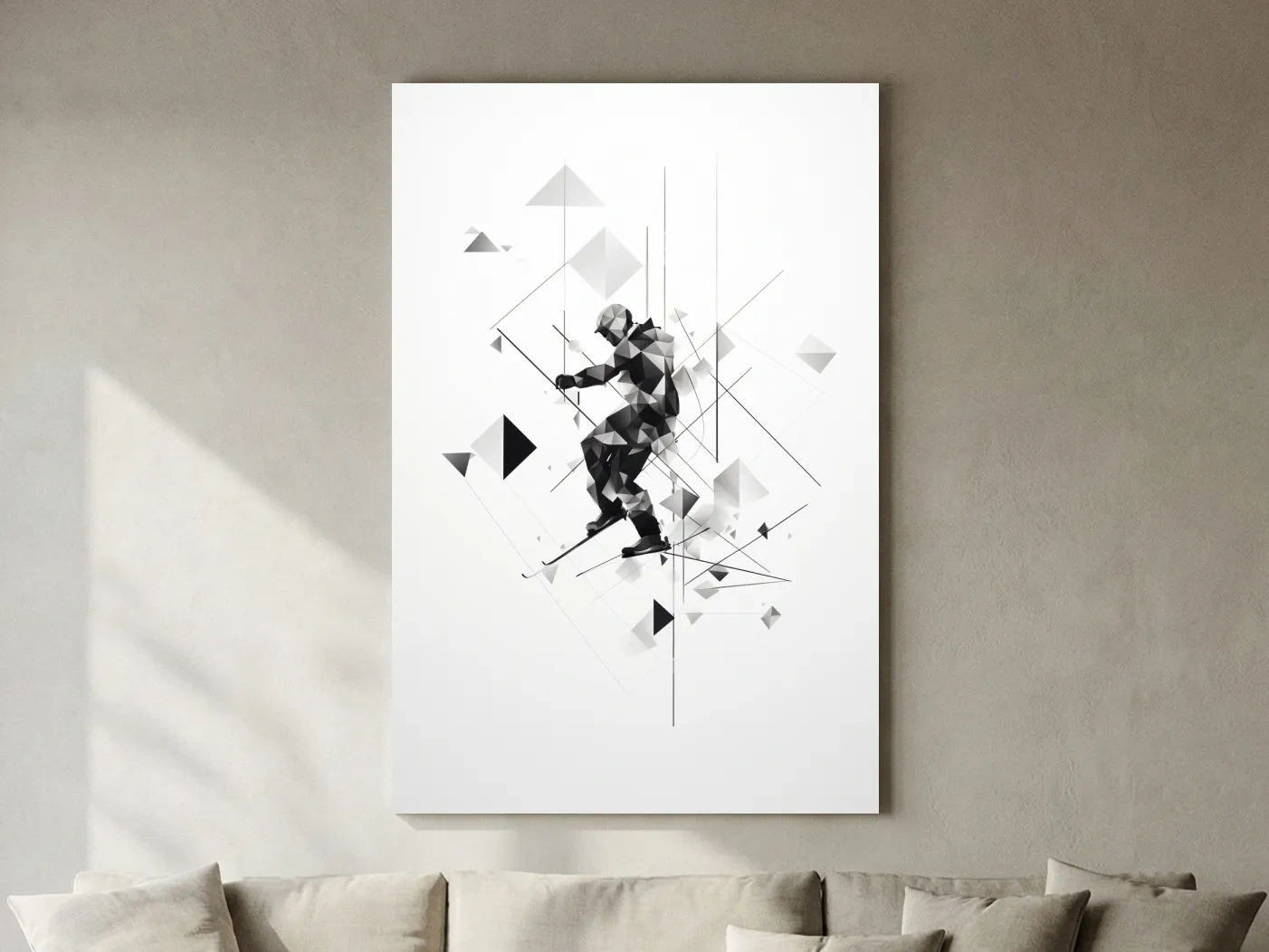 Monochrome Geometric Skier Silhouette - Abstract Winter Sports Wall Art