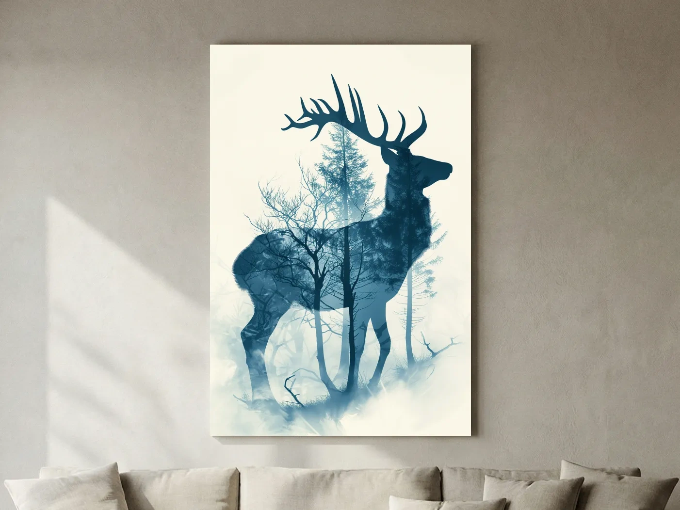Moody Double Exposure Stag Silhouette - Misty Forest Wildlife Wall Art