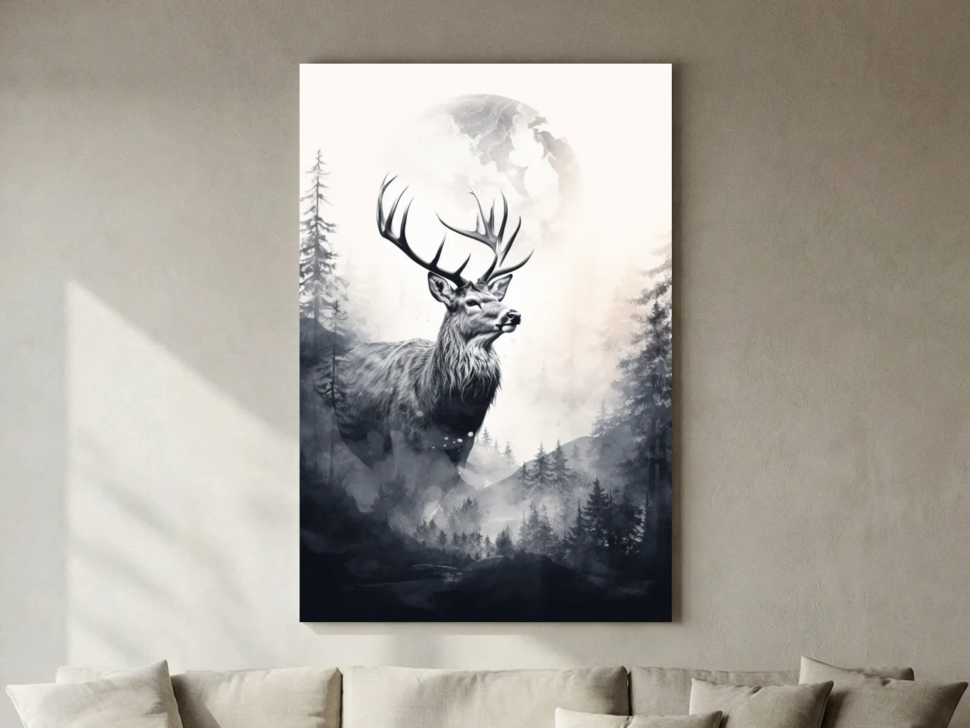 Majestic Stag In Misty Moonlit Forest - Double Exposure Wildlife Wall Art