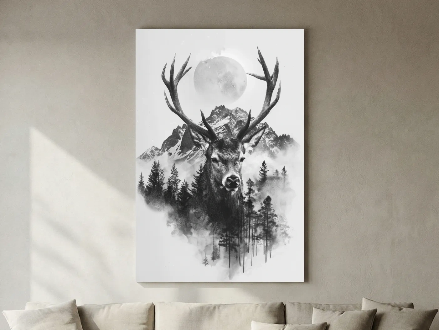 Monochrome Stag Glacier Moon Drawing - Double Exposure Wildlife Wall Art