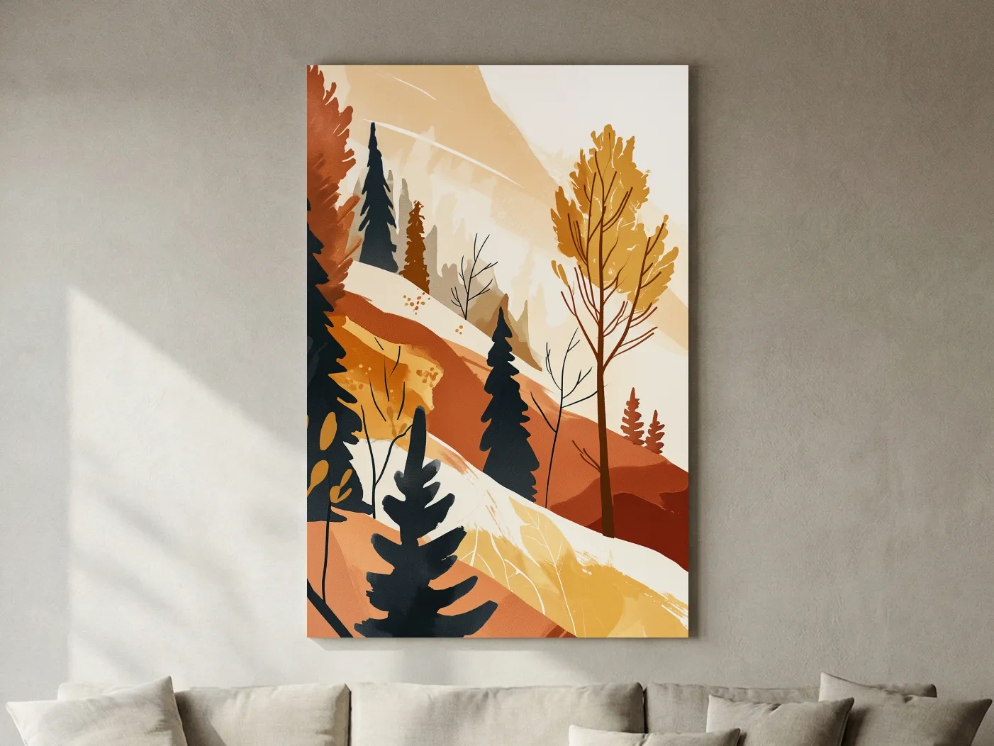 Minimalist Autumn Mountain Forest Landscape - Warm Scandinavian Wall Art